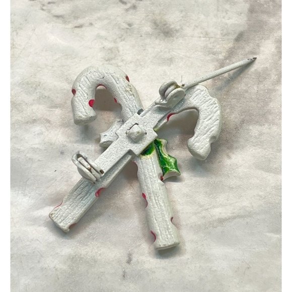 Vintage Candy Cane Christmas Pin Brooch White Red Striped with Holly Leaf - Picture 4 of 6